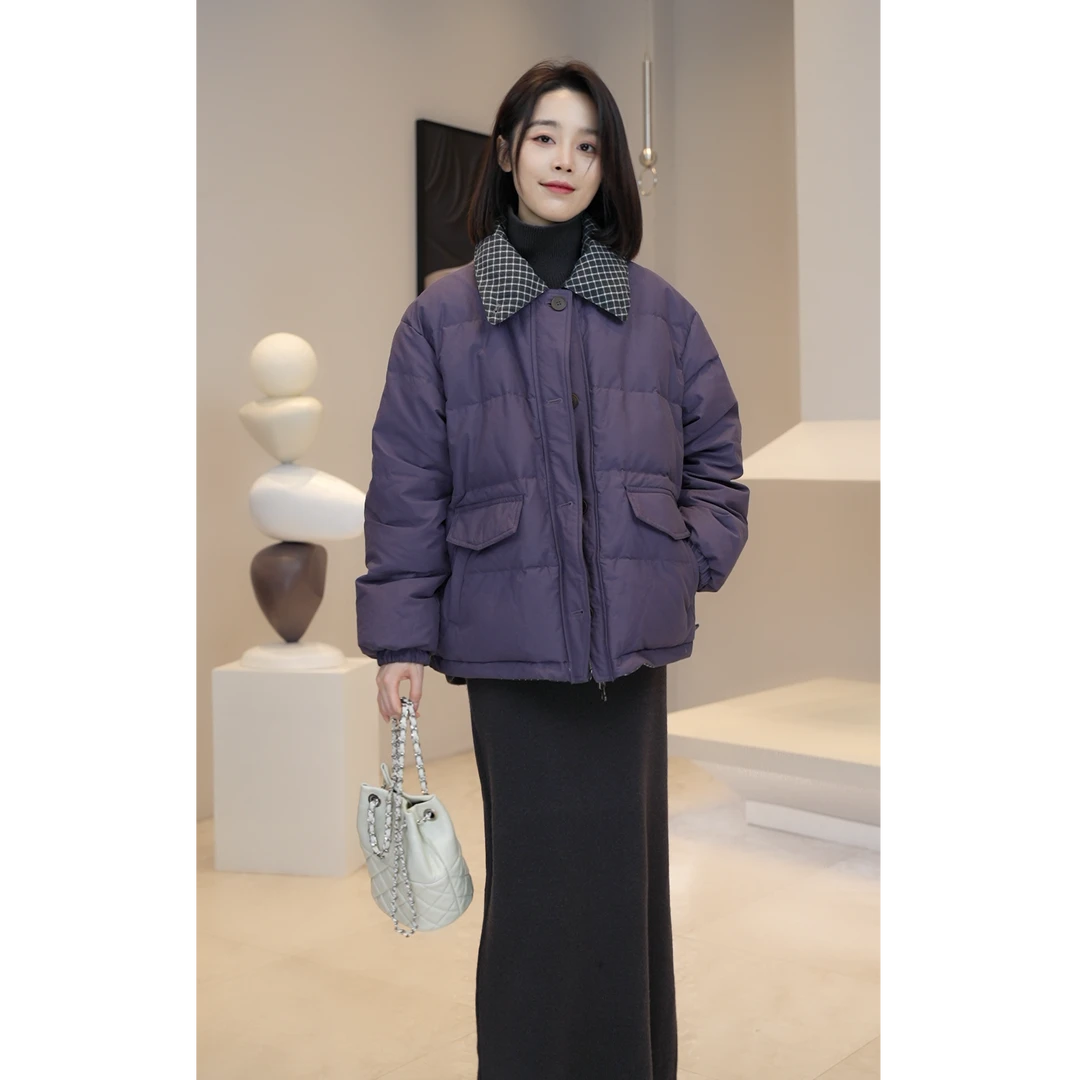 【YUE YUE】设计感小众翻领格子两面穿时尚保暖羽绒外套W849