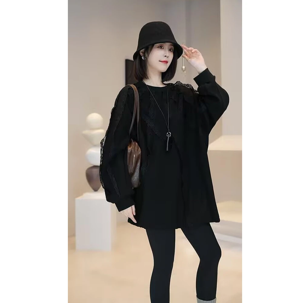 【YUE YUE】秋季新款欧货蕾丝拼接宽松中长款遮肉显瘦上衣W636