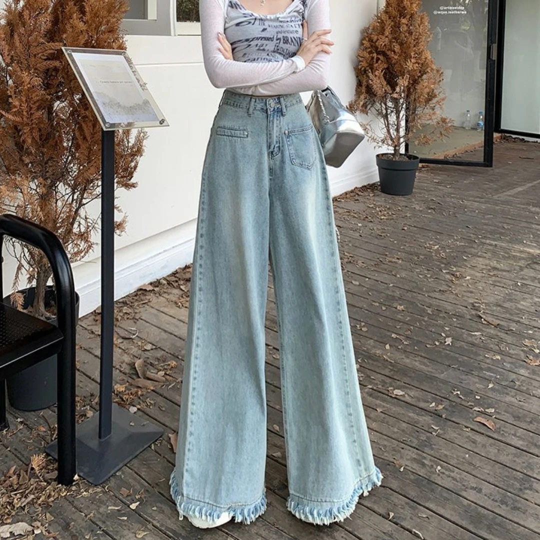 美式流苏毛边大阔腿牛仔裤女夏季梨形身材高腰垂感宽松显瘦拖地裤