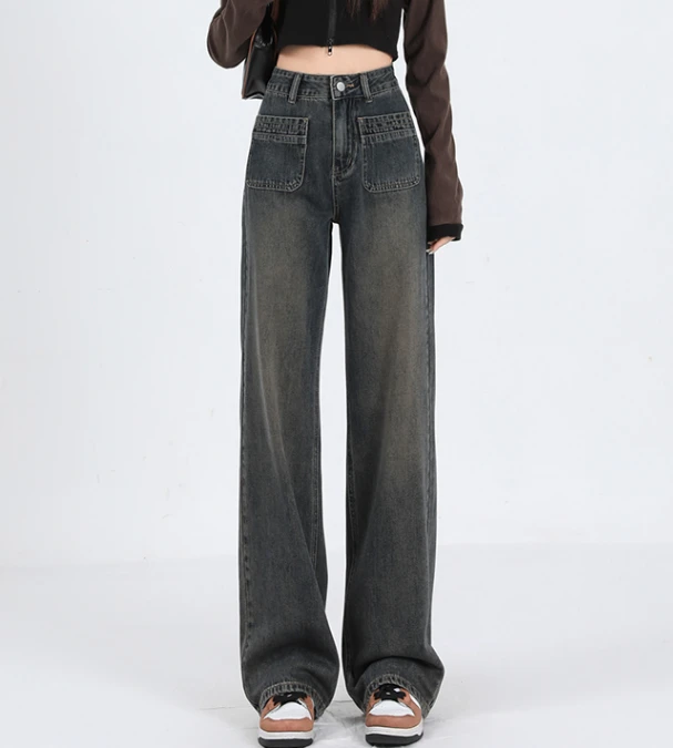 2024年春季新款设计感复古高腰牛仔裤阔腿裤显瘦牛仔女裤直筒裤