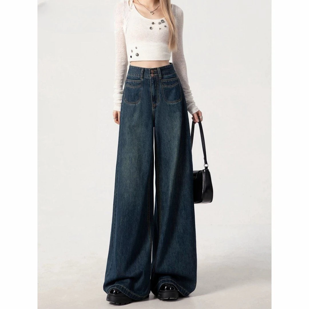省心穿搭美式复古阔腿牛仔裤女2025秋季新款高腰宽松直筒垂感长裤