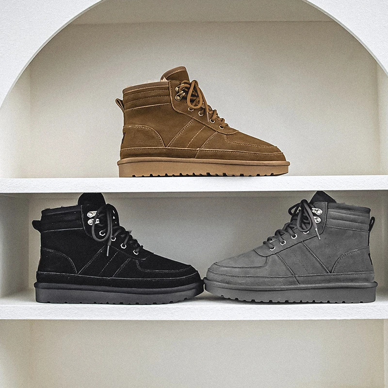 秋冬新款纯色牛反绒真皮加厚款雪地靴厚底增高防保暖棉鞋男士户外