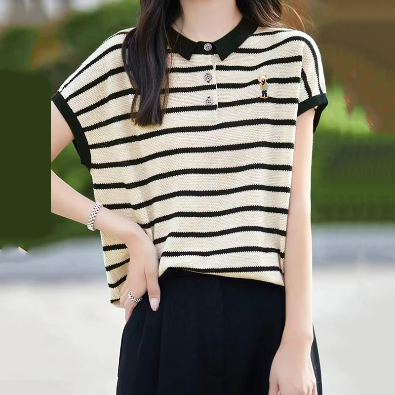 夏季新款高级感宽松显瘦时尚气质百搭洋气条纹针织polo衫短袖上衣