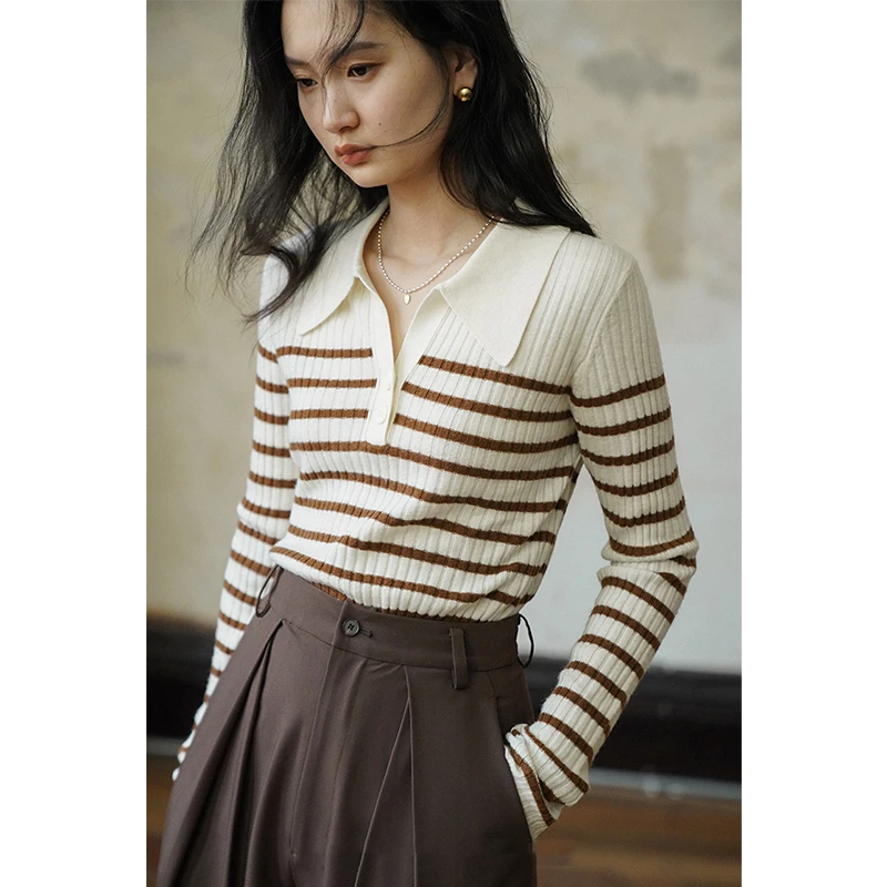 法式条纹慵懒针织毛衣女秋季翻领polo衫内搭打底长袖T恤翻领上衣