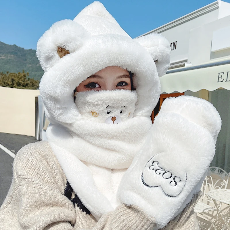 【小扬哥推荐】手套围脖帽子2023秋冬季新小熊毛绒一体帽加厚骑