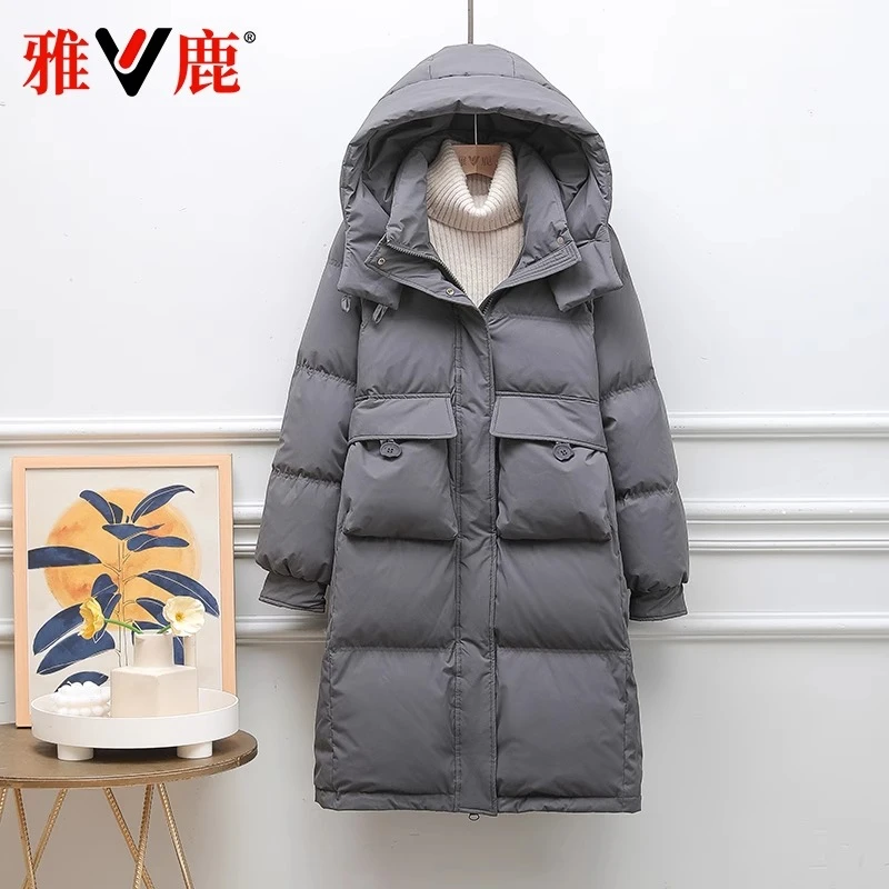 雅鹿2025新款羽绒服女中长款过膝加厚百搭连帽韩版宽松冬季外套潮