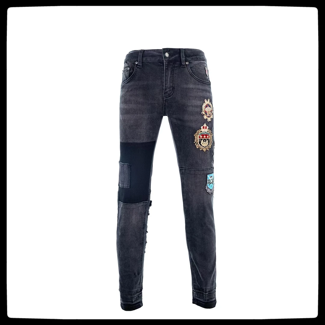 2025秋冬新款 复古黑灰色 重工章仔刺绣 中高弹力牛仔裤 时尚百搭