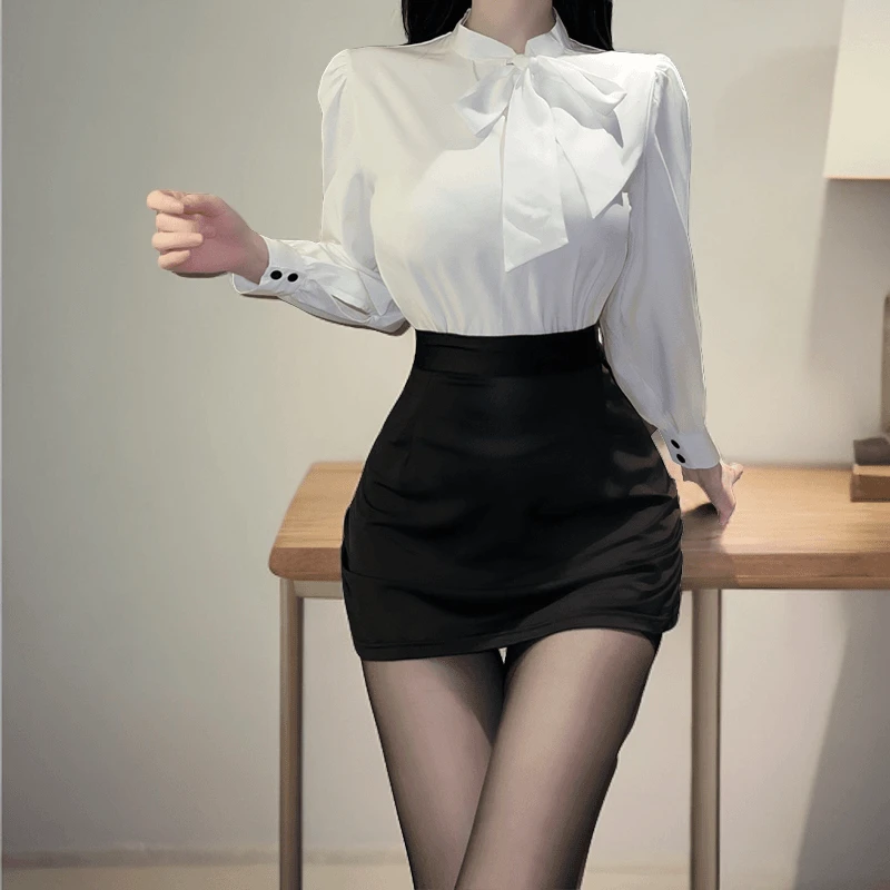 性感紧身包臀秘书OL制服纯欲风教师套装显瘦气质长袖白