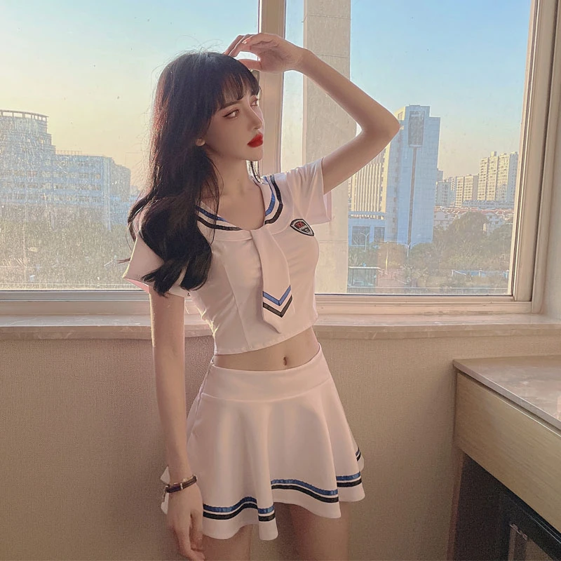 实拍学院风勋章短袖修身翻领上衣领带制服时尚百褶蓬蓬短裙套装