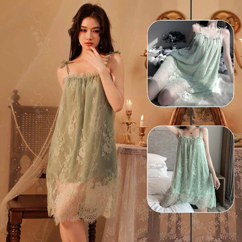 夏季新款大码性感蕾丝吊带睡裙女士薄款宽松绣花蕾丝边纯欲风睡衣