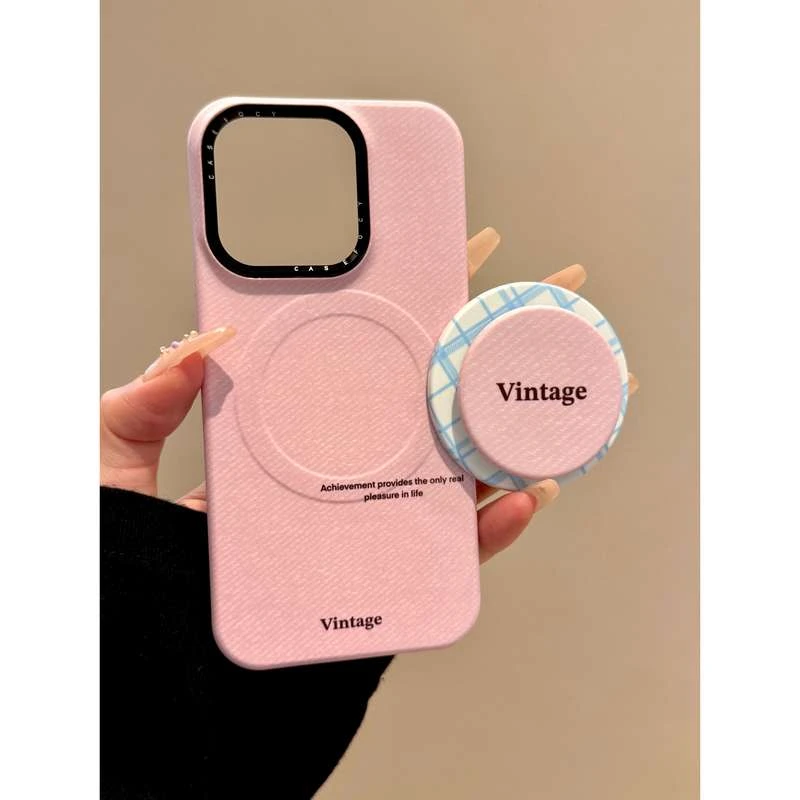 适用苹果iphone16promax磁吸支架15pro粉色14格纹13ins风手机壳