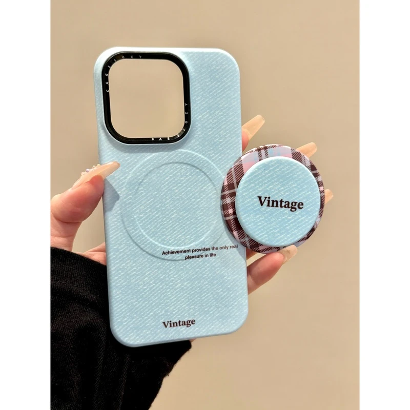 适用苹果iphone16promax支架15pro格纹14蓝色13简约ins风手机壳