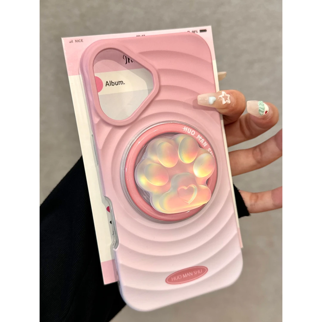 适用iphone16promax磁吸15pro支架14pro硬壳13粉色猫爪可爱手机壳