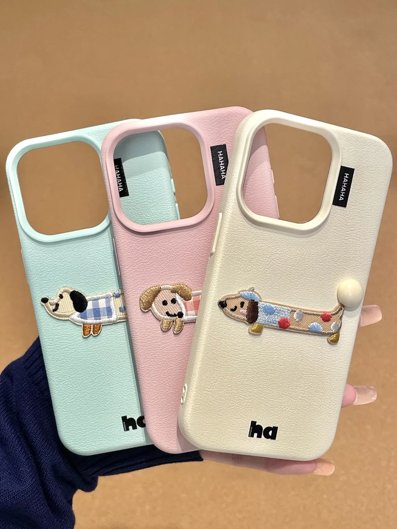 适用iphone15promax可爱14pro立体小狗13pro皮纹12ins风手机壳