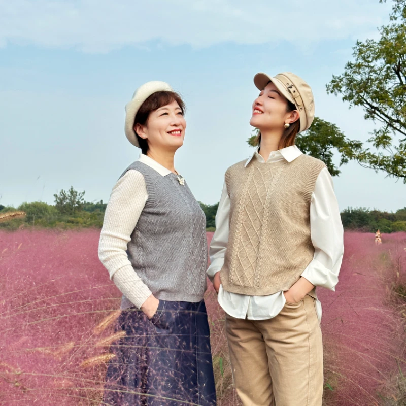 【出口外单】重工圆领后开叉马甲简约宽松百搭针织女气质休闲 C122