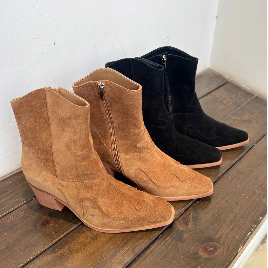 （真皮牛皮）加绒888款带花纹高跟复古骑士短靴中筒粗跟