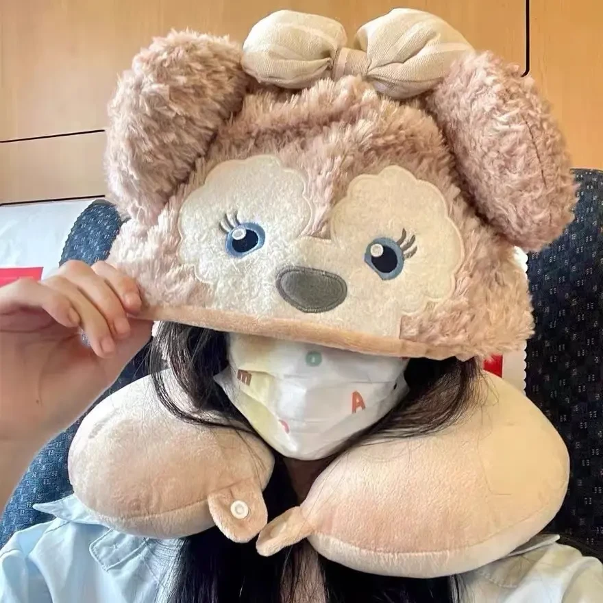 雪莉玫U型枕带帽子可爱卡通连帽颈脖枕开车飞机旅行护颈枕毛绒熊u