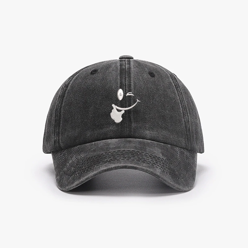 吴忠华 微笑面对困难 原创刺绣笑脸棒球帽软顶水洗做旧显头小鸭舌