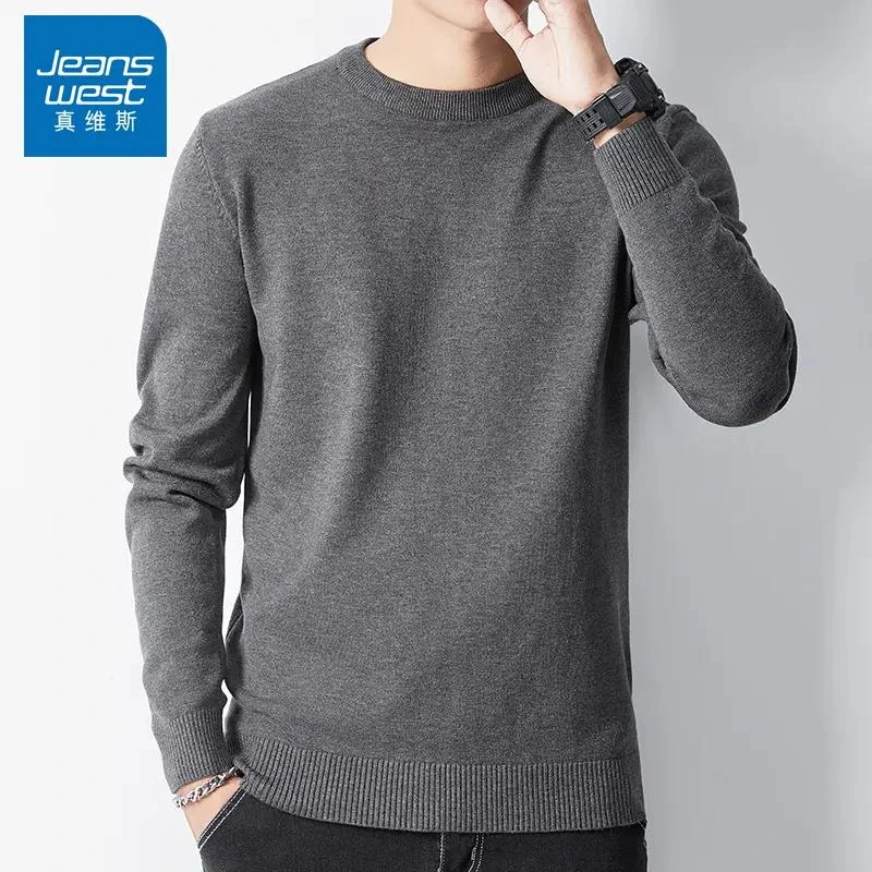 Jeanswest/真维斯春秋男士毛衣潮流圆领百搭修身简约针织衫男