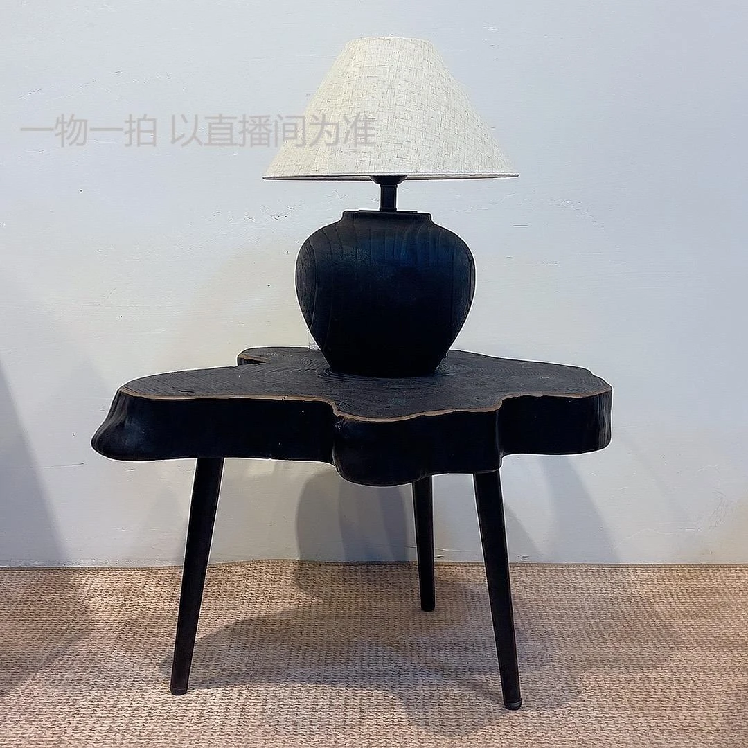 侘寂风 碳化原木茶几做旧铁艺茶桌家用创意床头柜 实木烟熏小茶台
