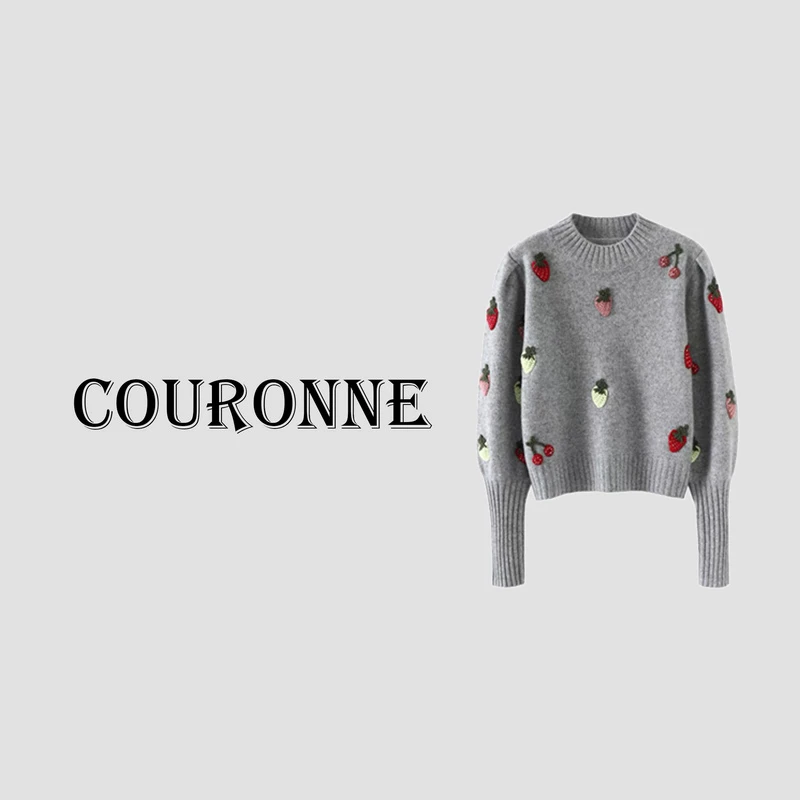 【小熊】-秋冬酸甜莓莓手工重工钩花草莓半高领毛针织套头毛衣29414