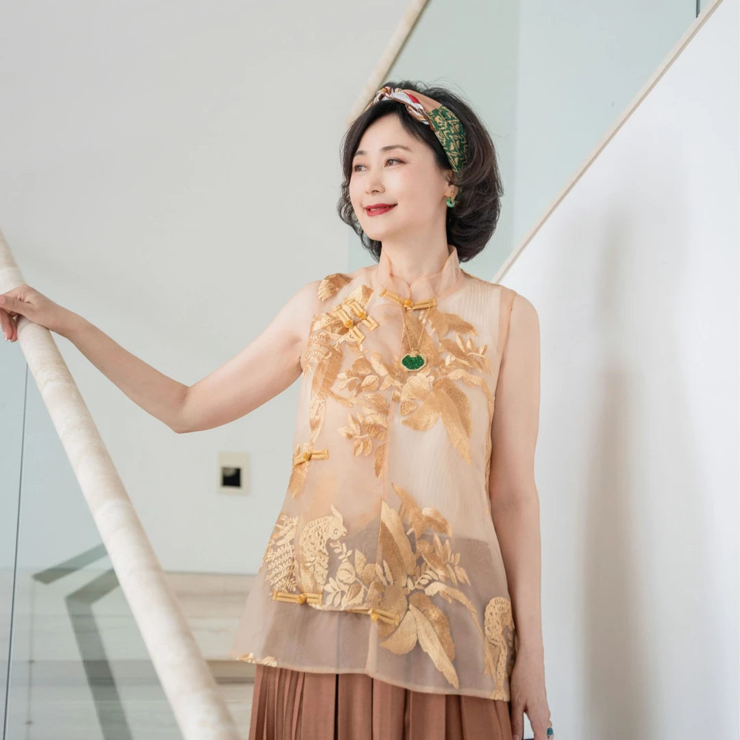 【维姐精选】HJ  小雅  欧根纱盘扣刺绣飘逸背心立领马甲