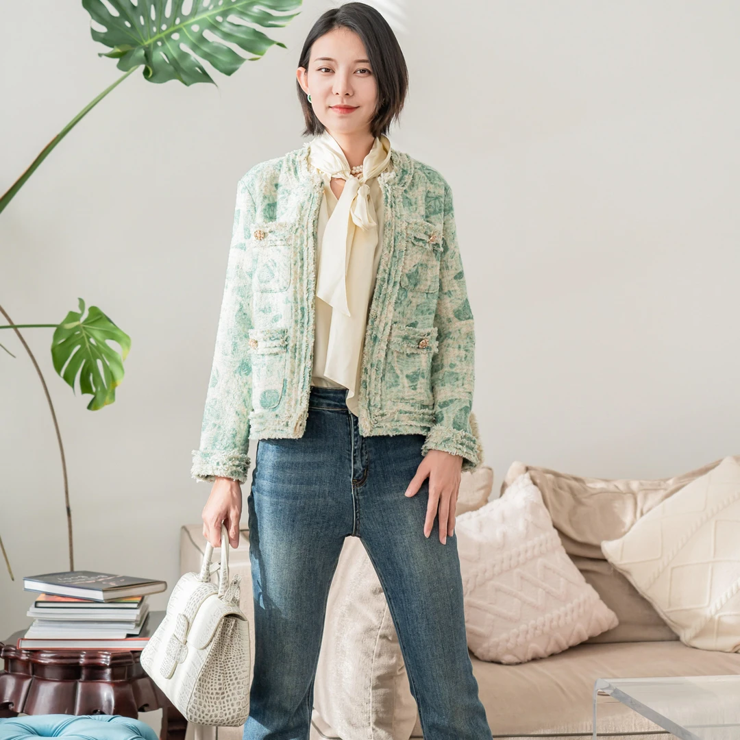 【维姐精选】HJ 莫奈印象 羊毛粗花呢绿色小香风外套WT22542