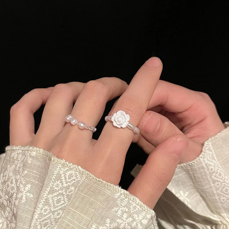 法式珠珠山茶花叠戴戒指套装女精致高级感食指戒ins潮酷轻奢指环
