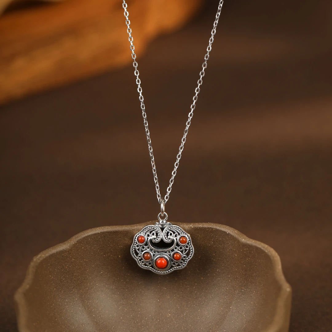 安妮猫如意红玛瑙925银项链女五福珠小众设计古风锁骨链