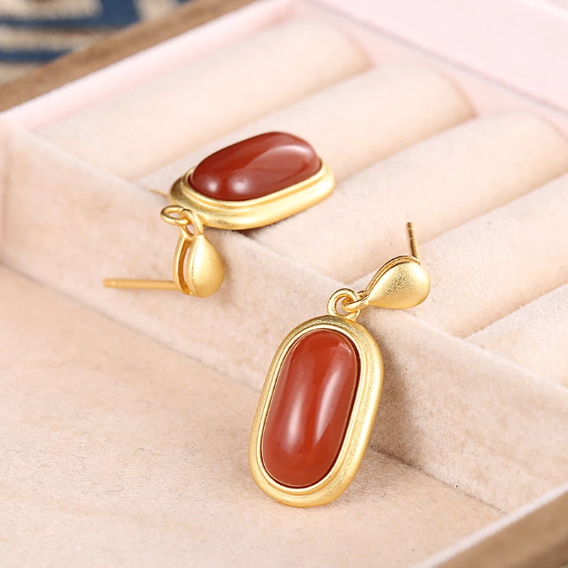 玛瑙耳钉女简约925银椭圆耳环耳钉