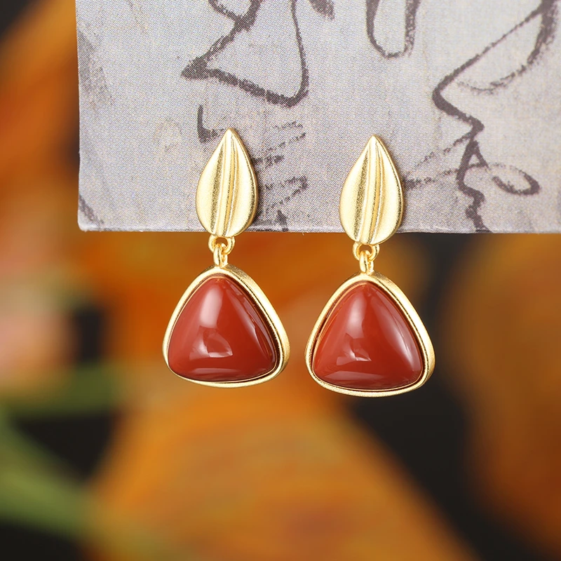 玛瑙耳钉女简约925银叶子耳环耳钉