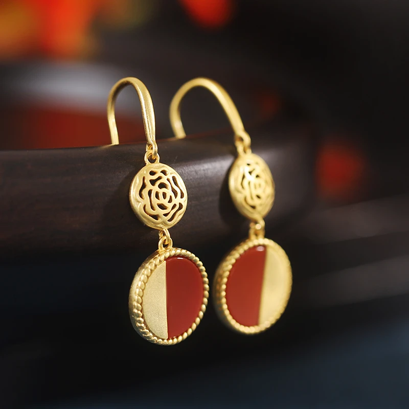 玛瑙耳钉女简约925银半边圆花耳环耳钉