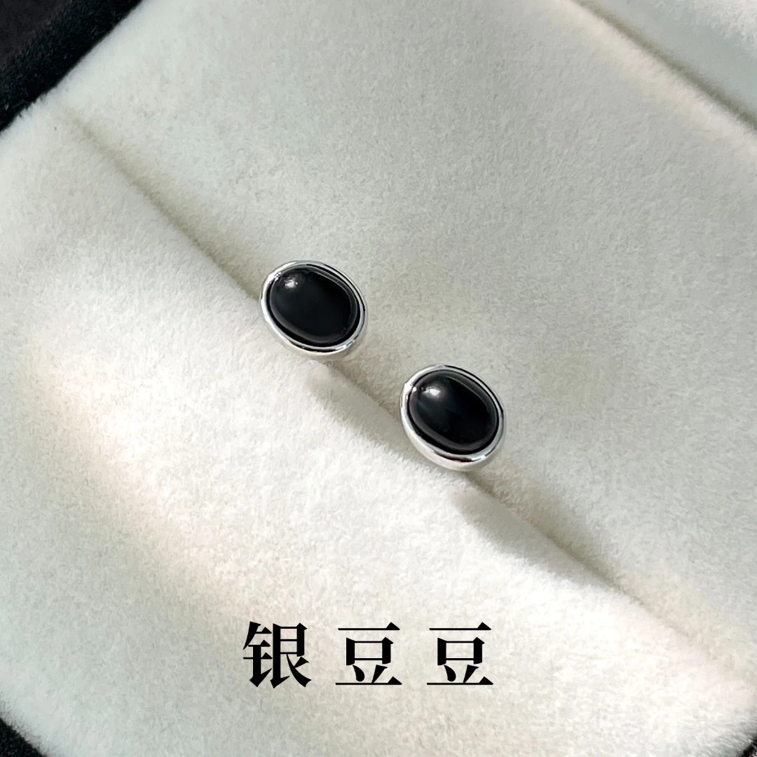 安妮猫玛瑙女豆丁925银耳坠耳环耳钉经典黑玛瑙简约气质复古镶嵌