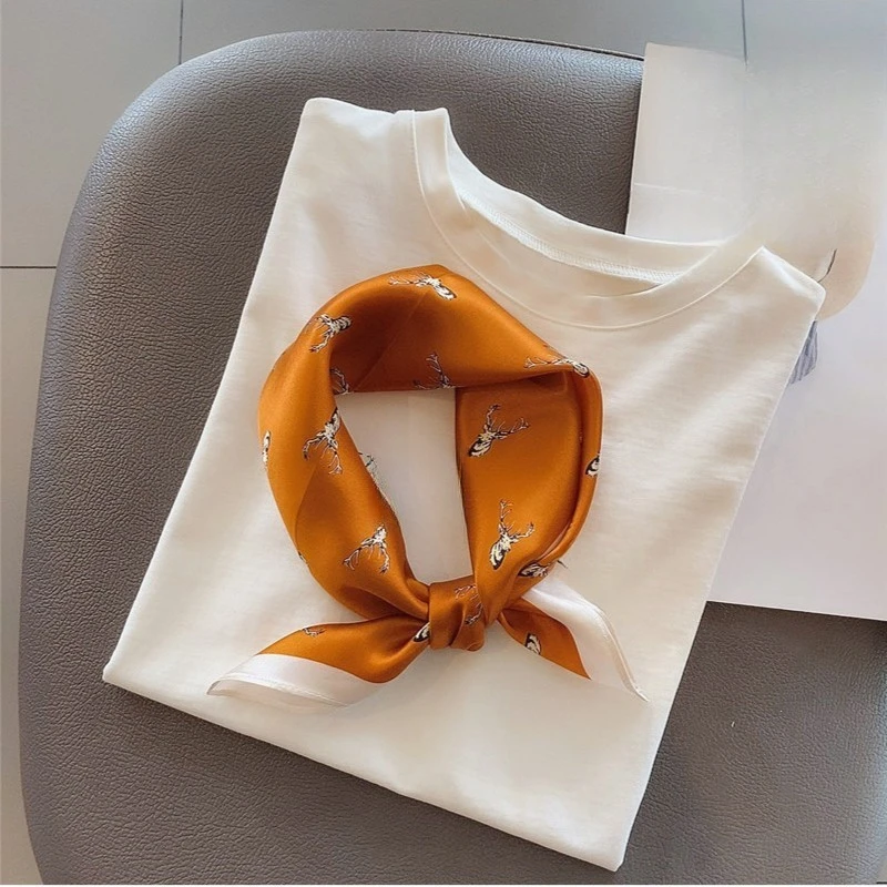 桑蚕丝丝巾橙底小鹿53方巾新款女士丝巾真丝围巾防晒披肩外搭A065