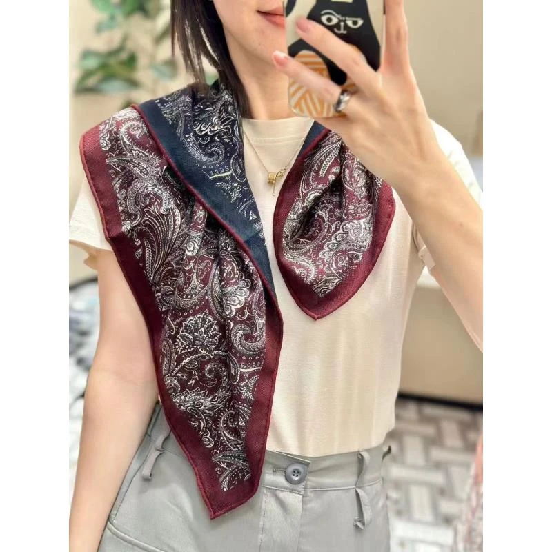 丝毛双面凤尾腰果花60方巾女士丝巾围巾防晒披肩外搭时尚百搭B332