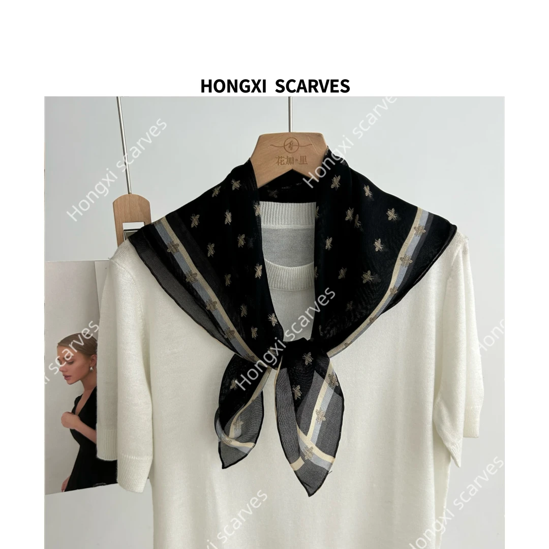 桑蚕丝单面西丽纱黑底小蜜蜂60方巾真丝丝巾围巾防晒披肩外搭B011