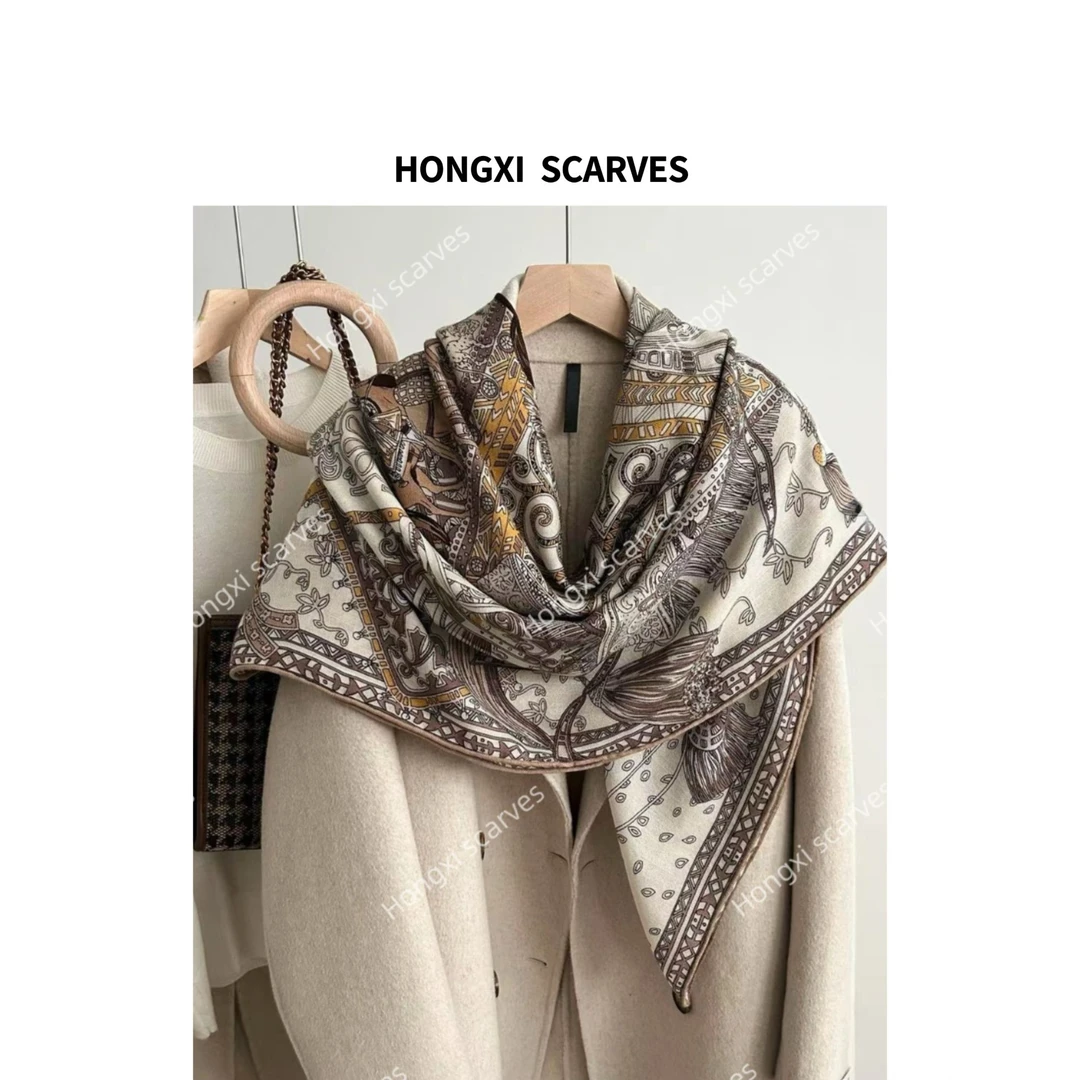 Hongxi Scarves/鸿晰丝巾丝毛单面高加索骑士130方巾手工卷边H002