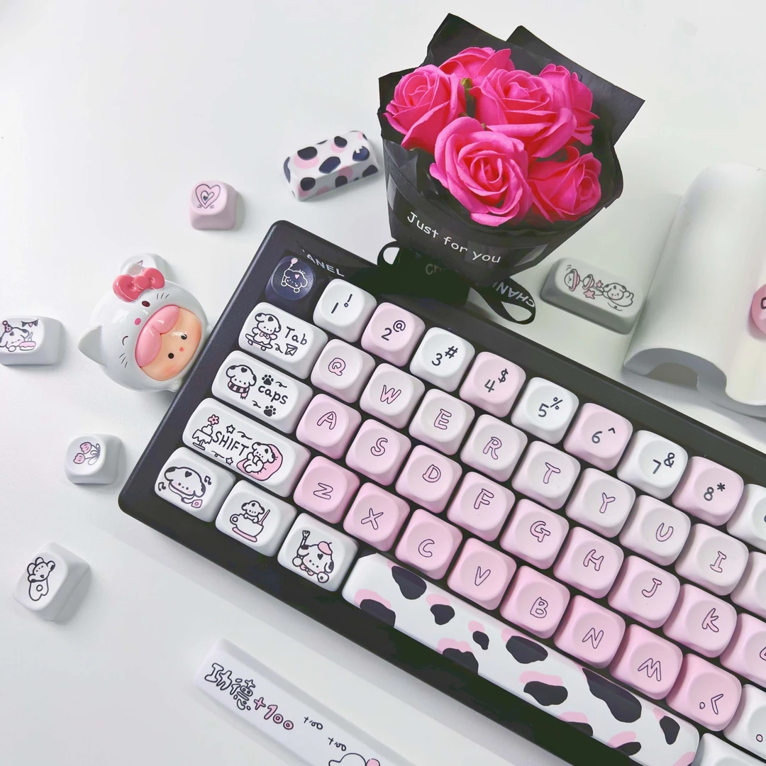 moa斑点小狗键帽130键粉色圆润键帽奶呼键帽磁轴可用磁轴创意键帽