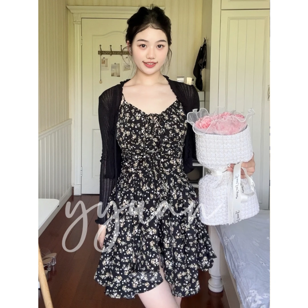 青苍7折 no退no换！绝美碎花裙//店主自留款～甜辣黑色吊带连衣裙