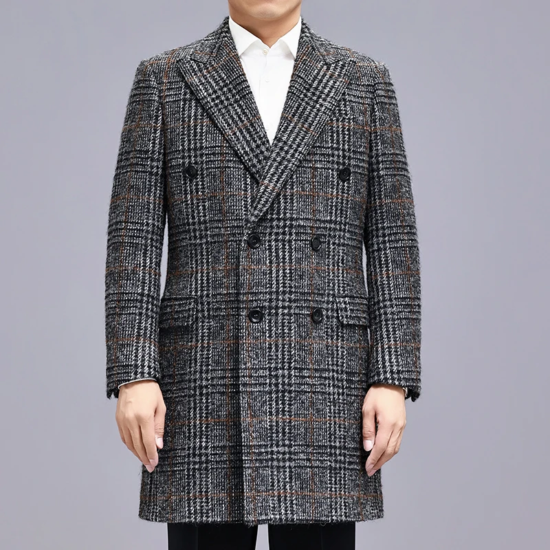 美良秋冬新款商务休闲毛呢大衣格纹加厚中长款呢子男外套1104