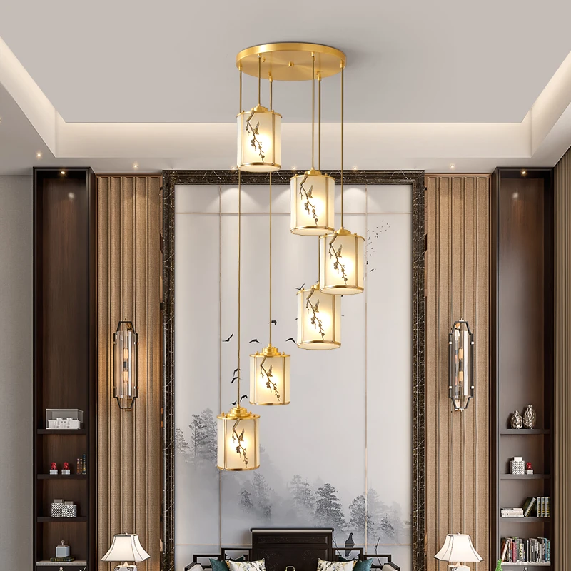 新中式全铜楼梯吊灯别墅复式旋转楼梯灯禅意中国风会所酒店吊线灯
