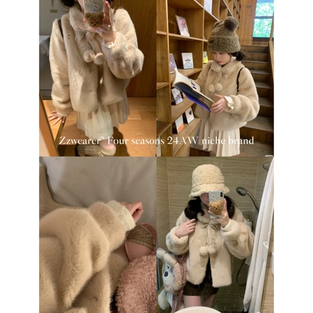 Zzwearer”【糯糯小奶球】24133环保毛毛女冬季翻领加厚保暖短款外套