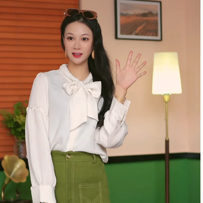 倩倩【梦染星河】港风复古蝴蝶结衬衫百搭纯色"