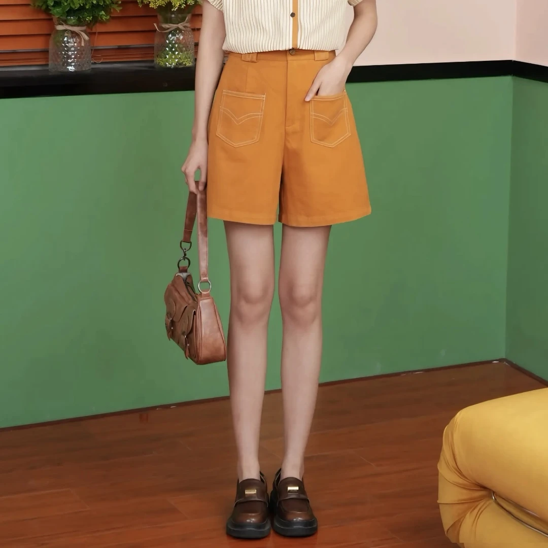 惠子Hz【港岛日落】港风复古纯色休闲短裤女高腰百搭多巴胺夏季衣服