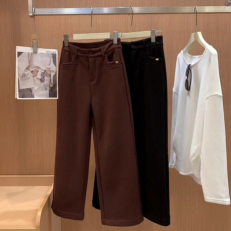 J54加绒休闲裤女阔腿裤2024年冬季新款宽松显瘦简约松紧腰直筒裤
