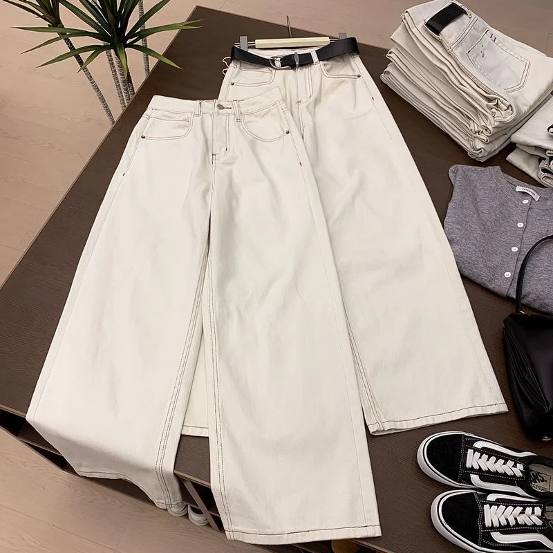 H40直筒牛仔裤女阔腿裤2024秋冬季新款宽松设计感小众垂感拖地裤