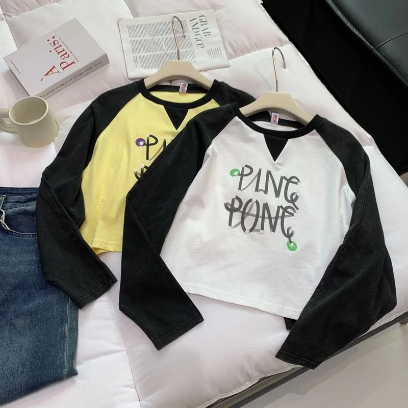 Q26美式短款T恤女字母印花2024早秋新款宽松小众别致撞色长袖上衣