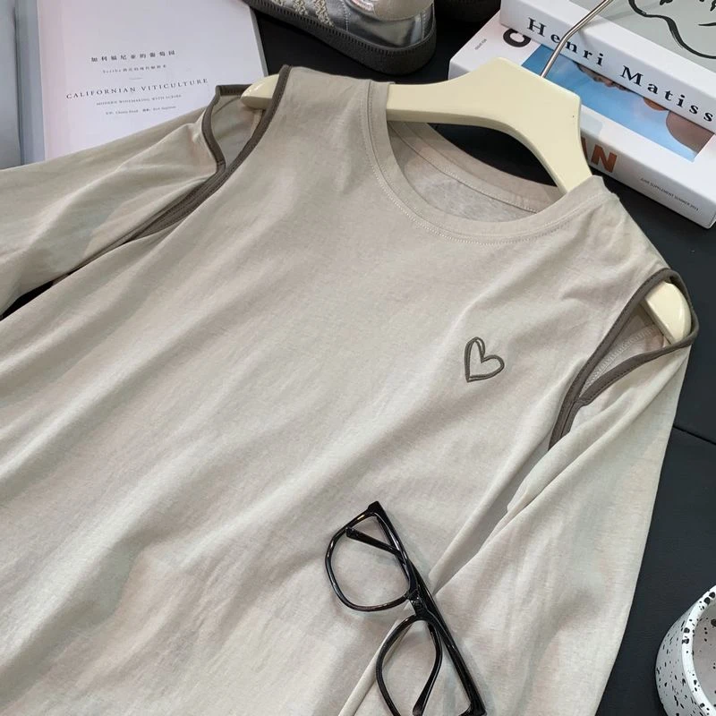 H34薄款长袖T恤女露肩设计感2024秋季新款宽松显瘦别致打底衫上衣