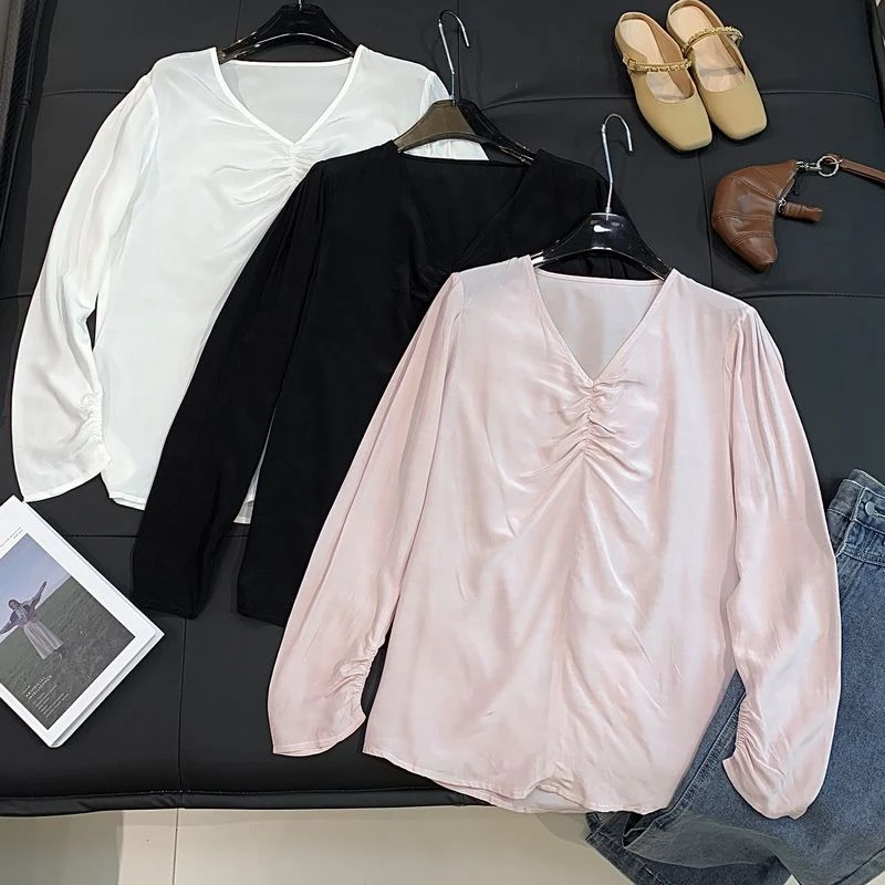 J54纯色V领小衫女夏季薄款2024新款褶皱宽松显瘦冰丝凉感防晒上衣