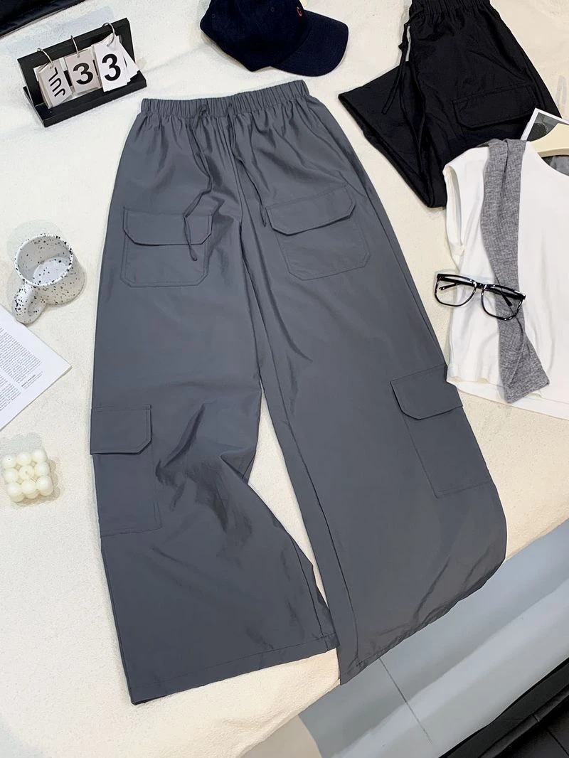 A59美式工装裤女阔腿拖地裤2024夏薄款高腰宽松伞兵裤速干直筒裤